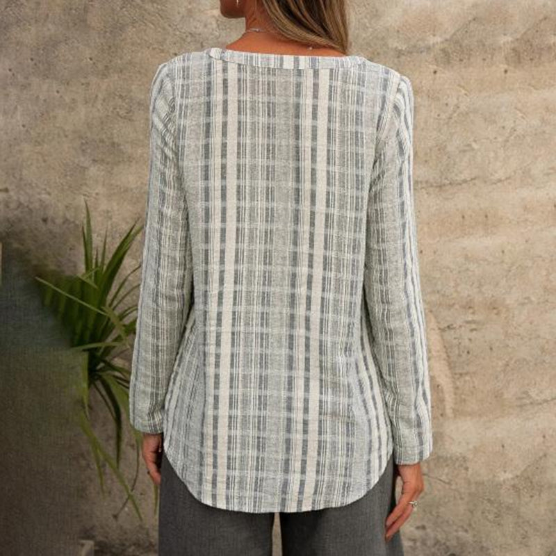 Striped Long-sleeved Blouse - V-Neck | Casually Suits