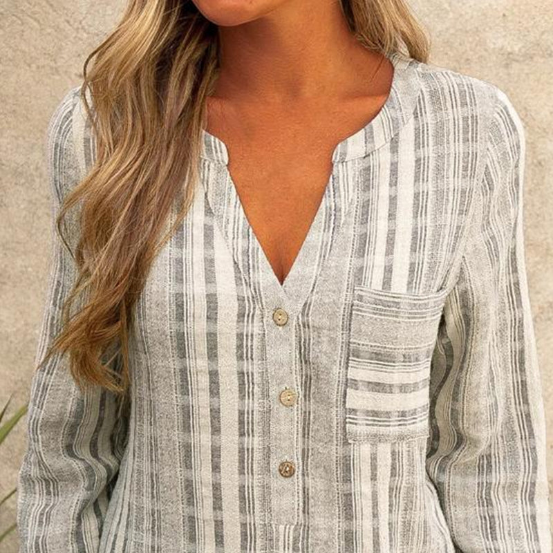 Striped Long-sleeved Blouse - V-Neck | Casually Suits