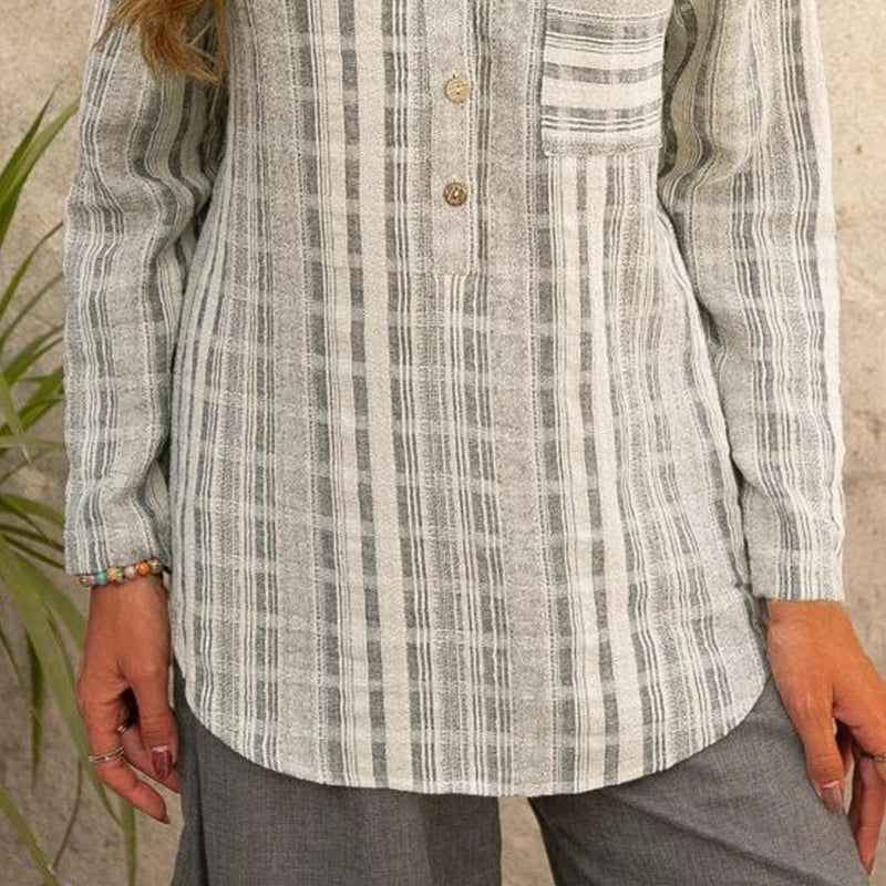 Striped Long-sleeved Blouse - V-Neck | Casually Suits