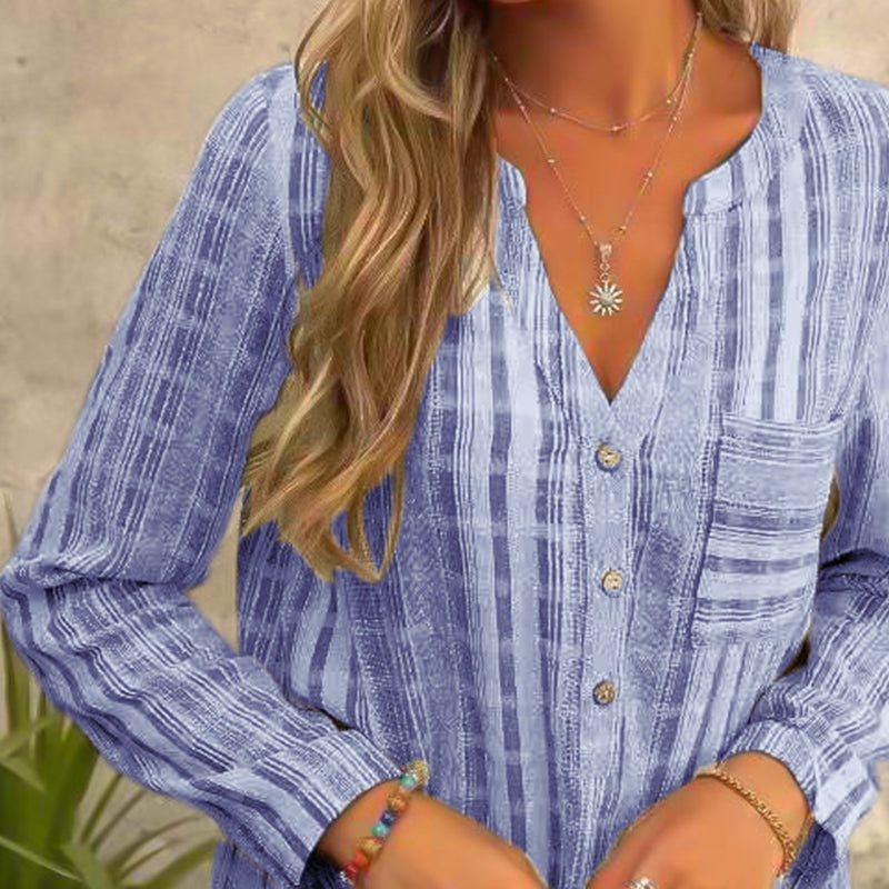 Striped Long-sleeved Blouse - V-Neck | Casually Suits