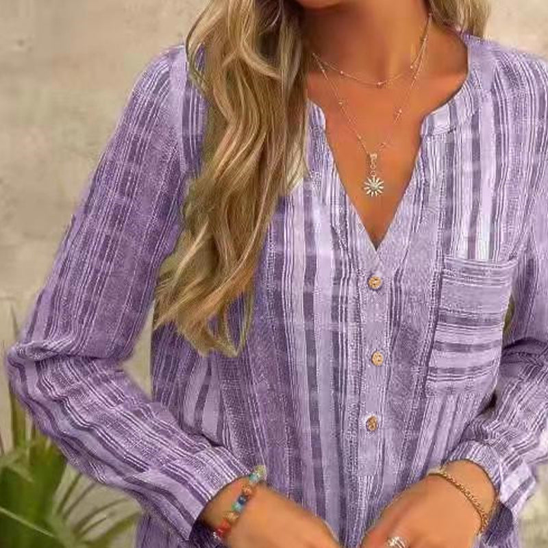 Striped Long-sleeved Blouse - V-Neck | Casually Suits