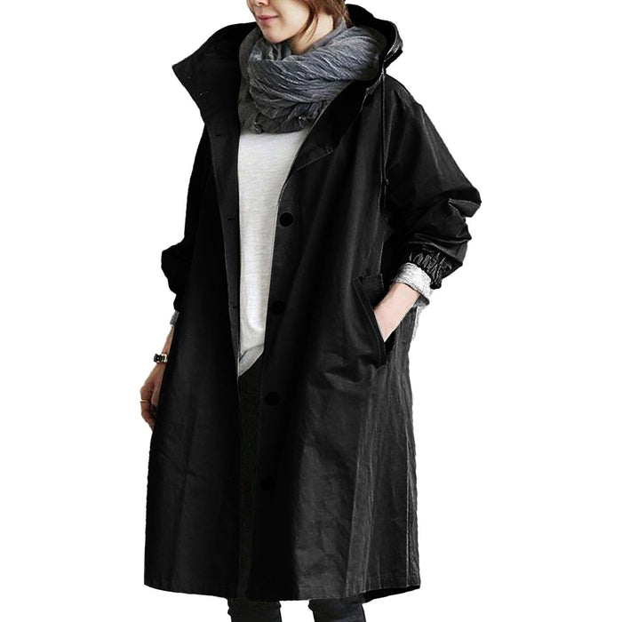 Imperméable long à capuche pour femme avec fermeture boutonnée sur le devant