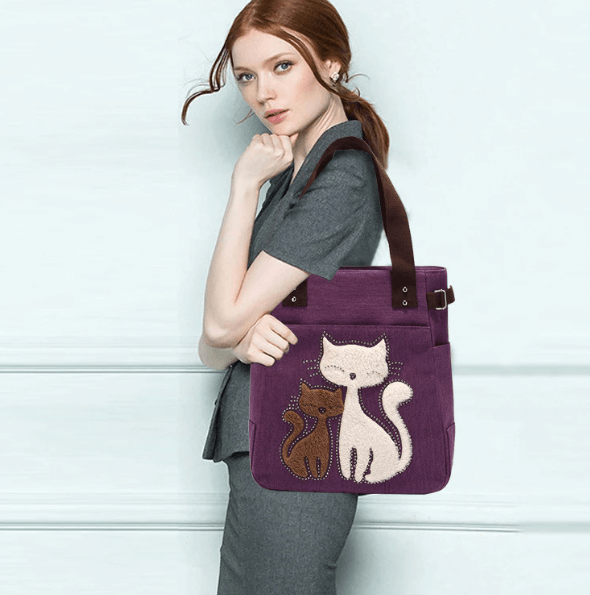 Unisex Embroidery Canvas Bag with Cat Print