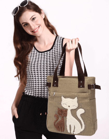 Unisex Embroidery Canvas Bag with Cat Print