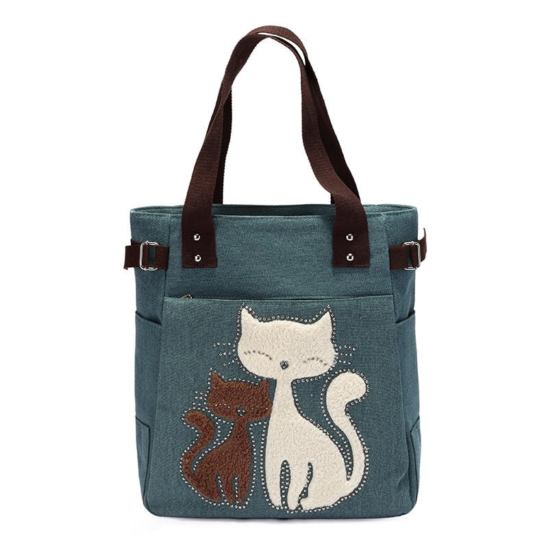Unisex Embroidery Canvas Bag with Cat Print