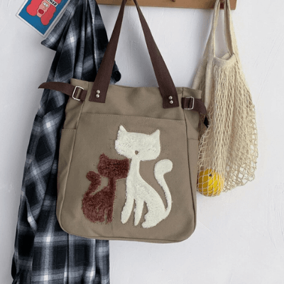 Unisex Embroidery Canvas Bag with Cat Print