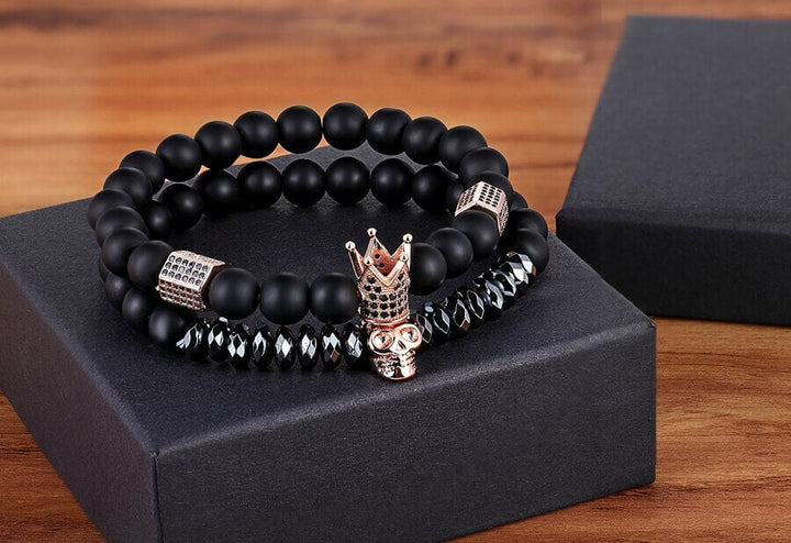 Unisex Onyx Stone Bracelet with Crown and Skull Charms