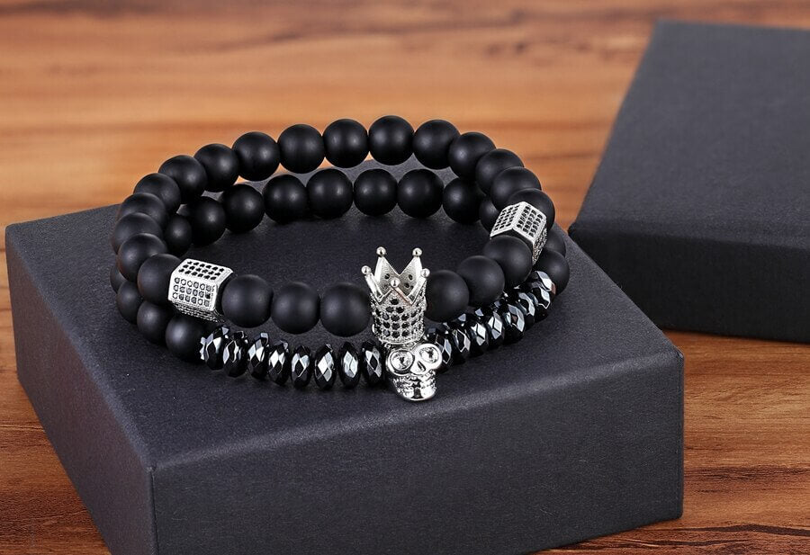 Unisex Onyx Stone Bracelet with Crown and Skull Charms