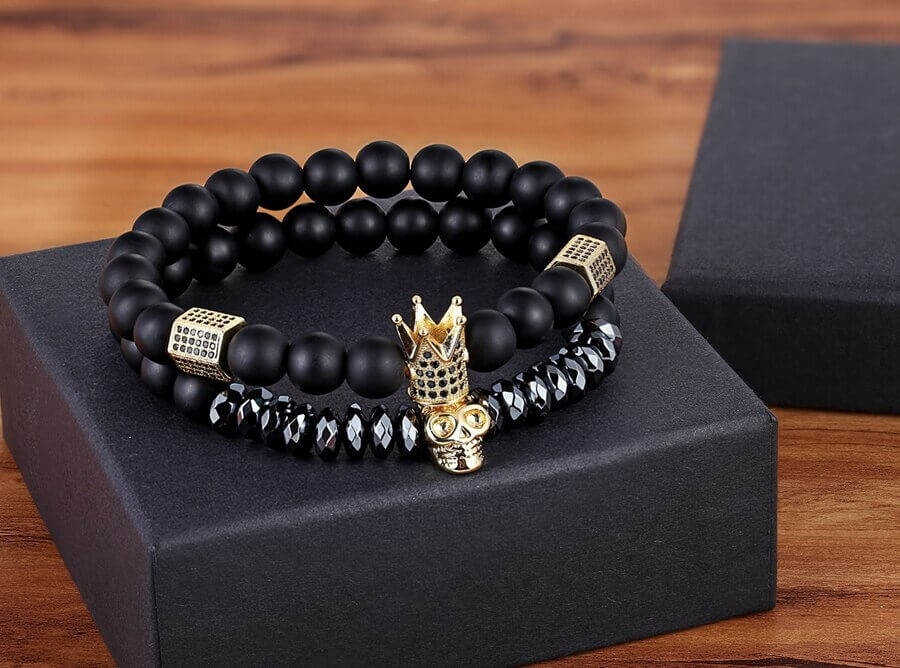 Unisex Onyx Stone Bracelet with Crown and Skull Charms