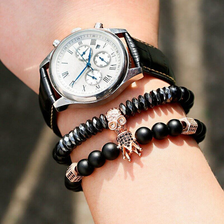 Unisex Onyx Stone Bracelet with Crown and Skull Charms