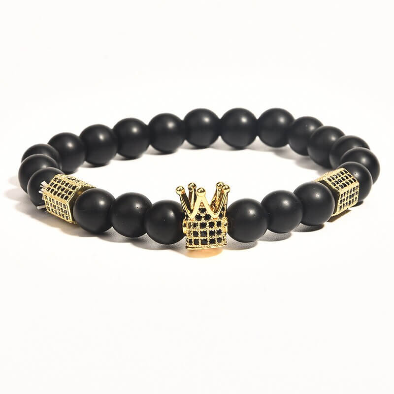 Unisex Onyx Stone Bracelet with Crown and Skull Charms