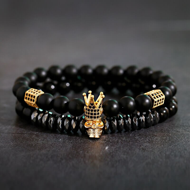 Unisex Onyx Stone Bracelet with Crown and Skull Charms