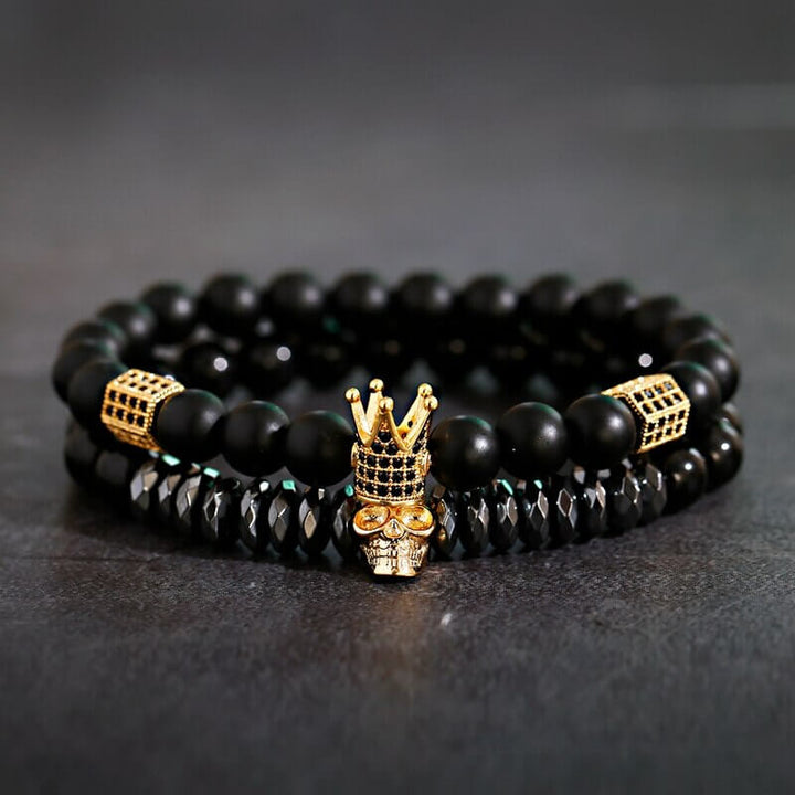 Unisex Onyx Stone Bracelet with Crown and Skull Charms