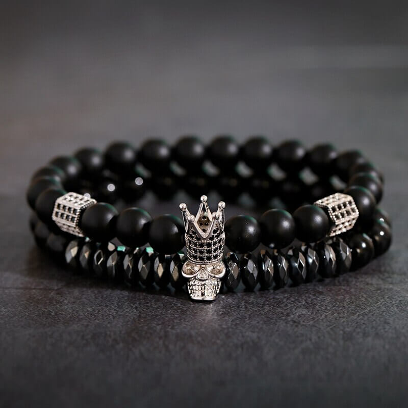 Unisex Onyx Stone Bracelet with Crown and Skull Charms