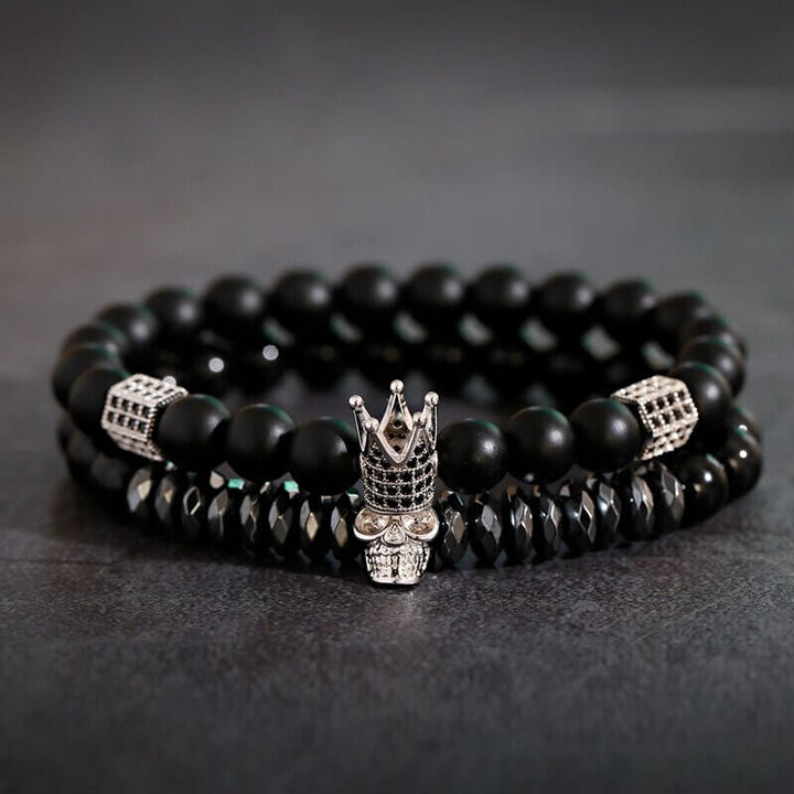Unisex Onyx Stone Bracelet with Crown and Skull Charms