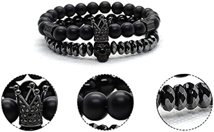 Unisex Onyx Stone Bracelet with Crown and Skull Charms