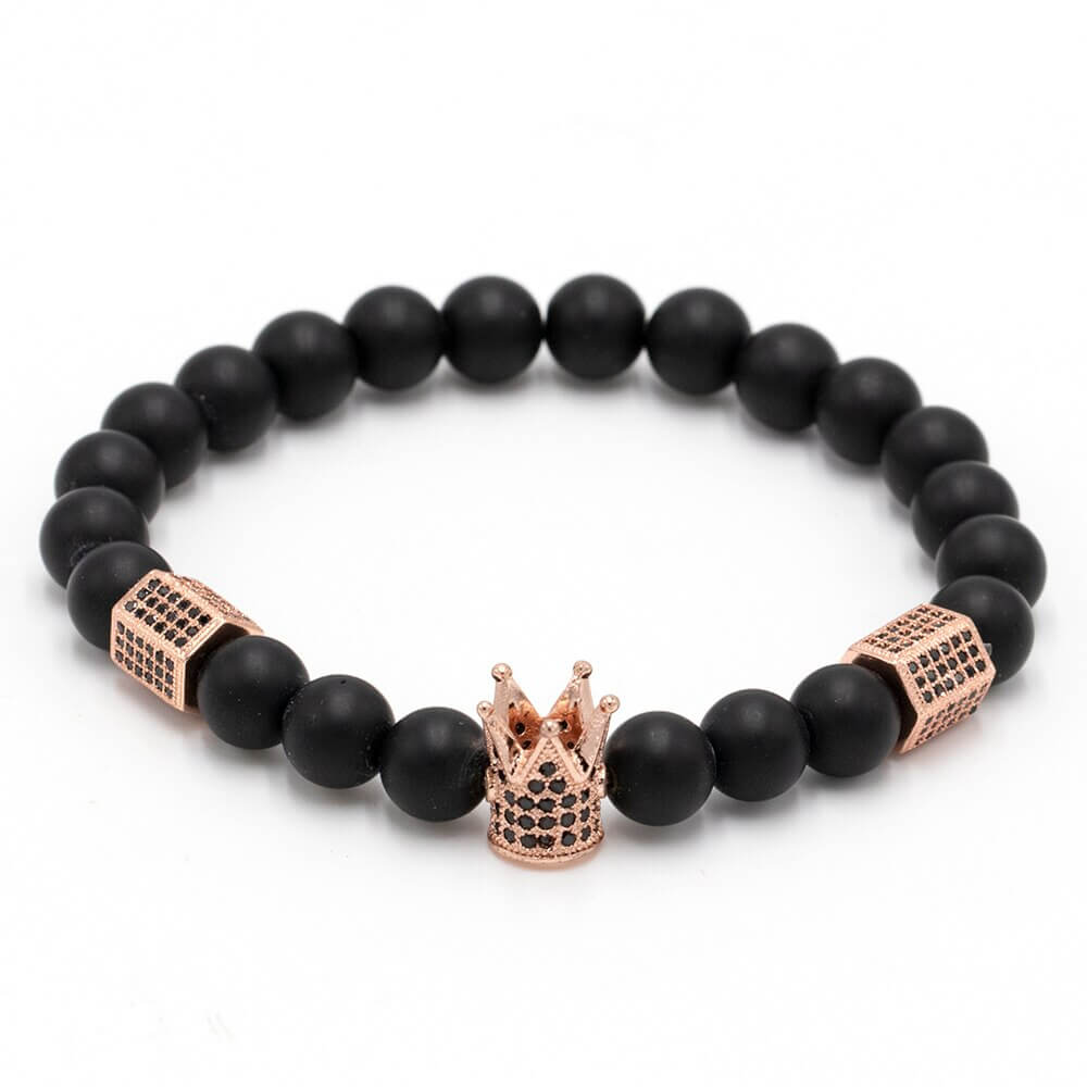 Unisex Onyx Stone Bracelet with Crown and Skull Charms