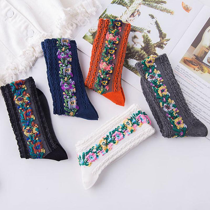 Vintage Blomsokker - 5 Pairs Set - Utsökt Broderidesign