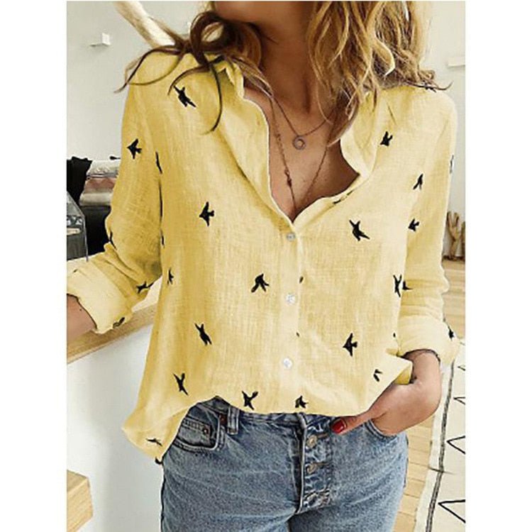 Women's Casual Blouse in Plain Colours and Bird Print