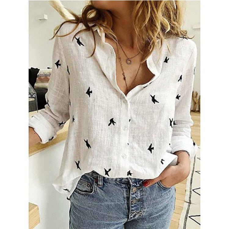 Women's Casual Blouse in Plain Colours and Bird Print